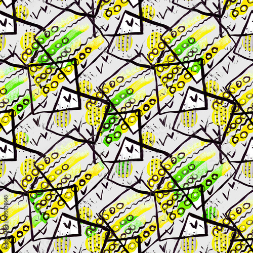 a white background with composition of abstract figures drawn in green and yellow colors