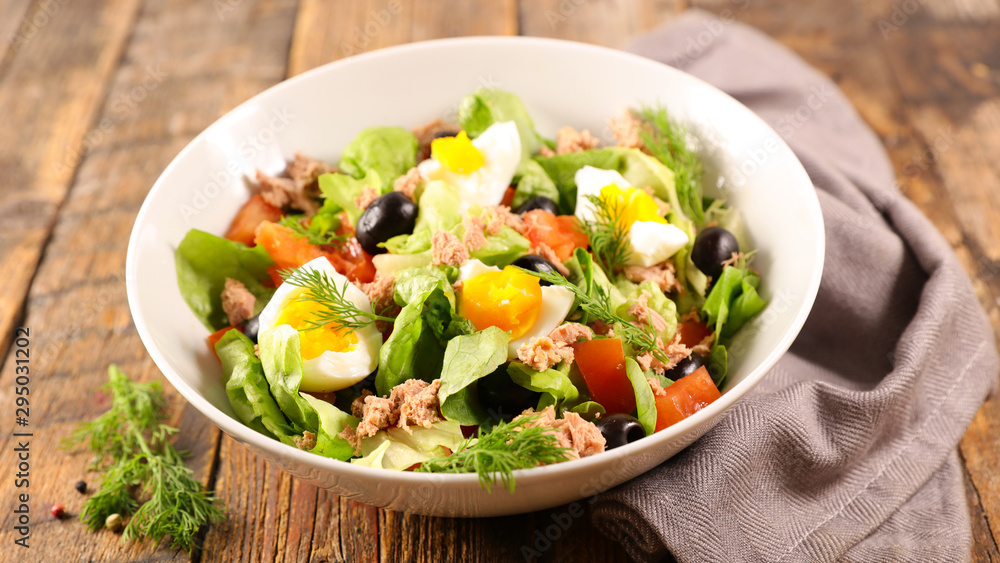 mixed vegetable salad with tomato, egg, tuna and lettuce mixed vegetable salad with tomato, egg, tuna and lettuce
