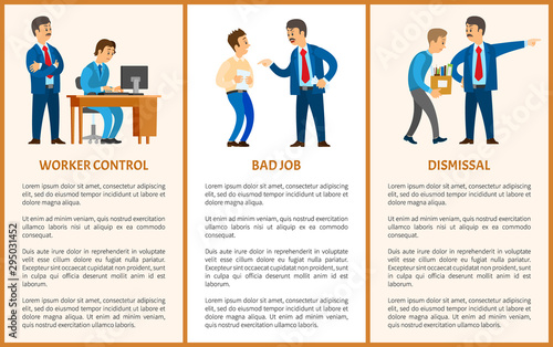 Worker control, bad job and dismissal. Boss leader of company and worker vector posters. Director checking process and controlling every step of employee