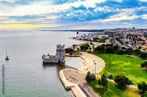 Aerial view of Belem Tower in Lisbon, Portugal during the hot evening in summer