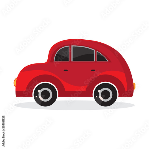 Fototapeta Naklejka Na Ścianę i Meble -  Red cartoon car in flat vector. Transport vehicle. Toy car in children's style. Fun design for sticker, logo, label. Isolated object on white background. The view from the side.