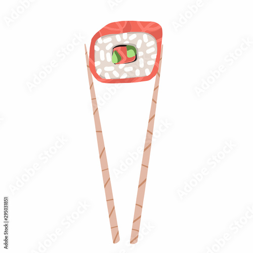 chopsticks holding sushi roll. concept of snack, susi, exotic nutrition, sushi restaurant, sea food. isolated on white background. 