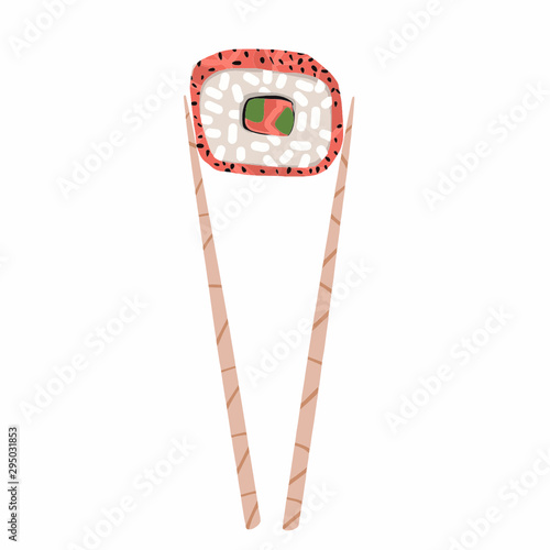 chopsticks holding sushi roll. concept of snack, susi, exotic nutrition, sushi restaurant, sea food. isolated on white background. 