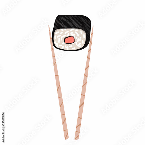 chopsticks holding sushi roll. concept of snack, susi, exotic nutrition, sushi restaurant, sea food. isolated on white background. 