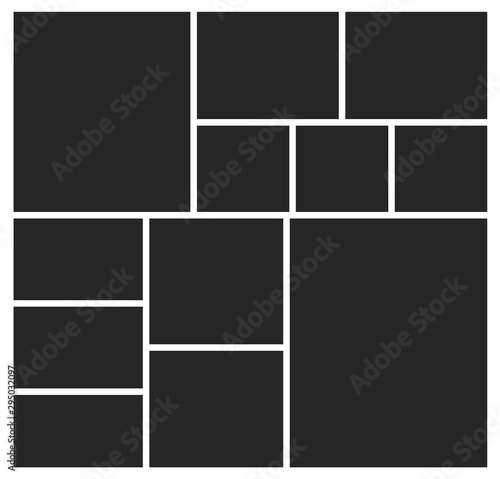 Templates collage twelve frames photos parts, picture or illustration. Vector poster frame mockup isolated on white background.