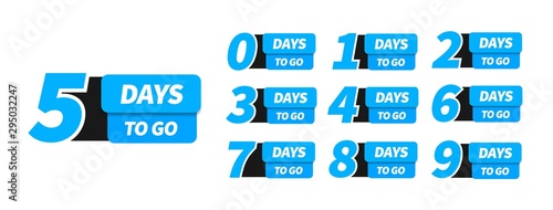 Countdown left days banner. Nine, eight, seven, six, five, four, three, two, one, zero days left. Count time sale, blue banners design for use in web or print design.