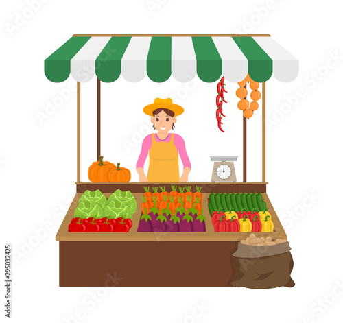 Woman selling products in market isolated icon vector. Farmer with home production pepper and tomato, cucumber and carrots. Cabbage and pumpkin veggie