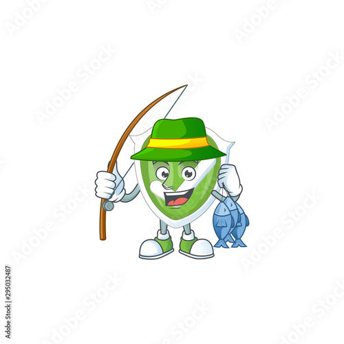 Fishing checkmark shield with cartoon character shape.