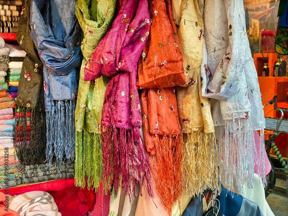Colourful pashmina in a street market