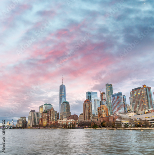 Amazing view of Manhattan skyline from city river  New York
