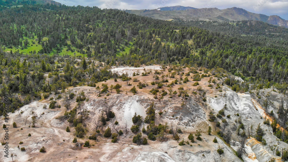 Naklejka premium Yellowstone Mammoth Hot Springs, overhead aerial view of rocks and their beautiful colors