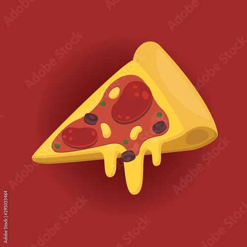 Pizza topped cheese, tomato, pepperoni and olive on red background.Melted cheese pizza.