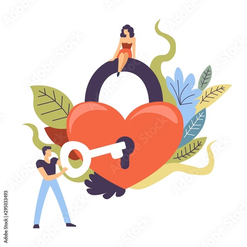 Relationship themed finding key to heart concept illustration