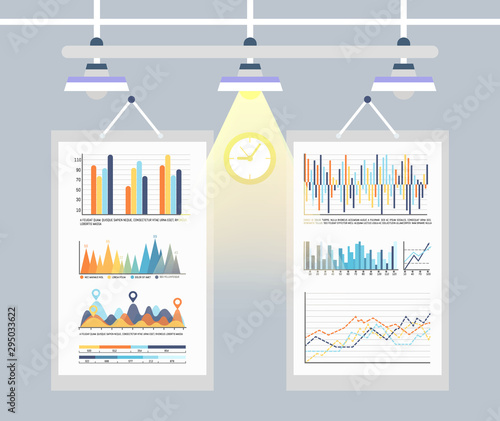Infographic and infocharts , business charts set vector. Information and analysis of data, results in visual graphics and schemes at light of lamps