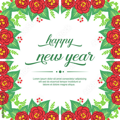 Ornate of greeting card happy new year  with texture red rose flower frame elegant. Vector