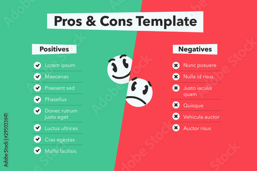 Green-red simple infographic for pros and cons with funny emoji symbols. Easy to use for your website or presentation.