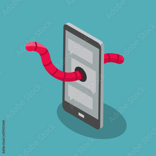 Worm cyber attack symbol with cell phone and red worm isolated on blue background. Flat design, easy to use for your website or presentation.