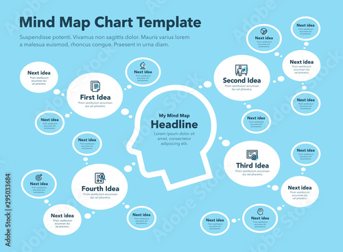 Simple infographic for mind map visualization template with head as a main symbol and think bubbles - blue version. Easy to use for your design or presentation.