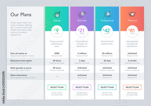 Modern pricing comparison table with four subscription plans and place for description. Flat infographic design template for website or presentation. photo