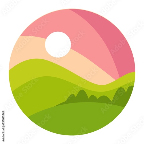 Landscape with gradual pink sunset and green shaded hills in a circle icon