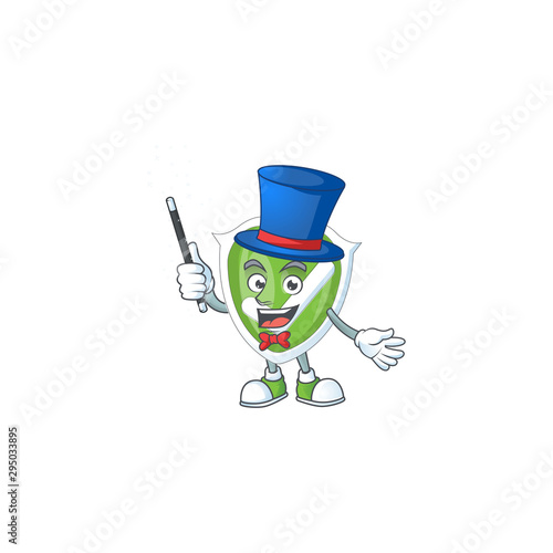 Magician checkmark shield character on white background.