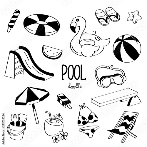 Fototapeta Hand drawing styles pool items.Swimming pool doodle.