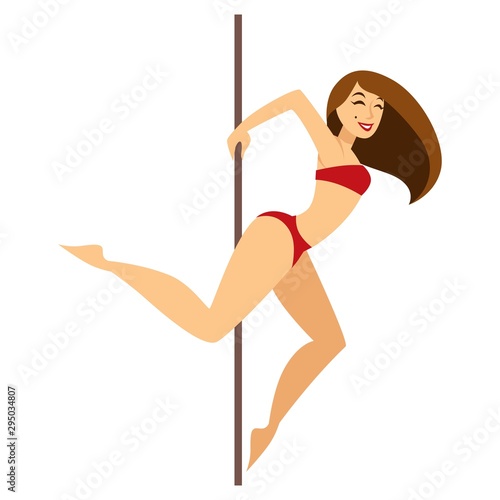 Pole dancer performing a striptease in red bikini