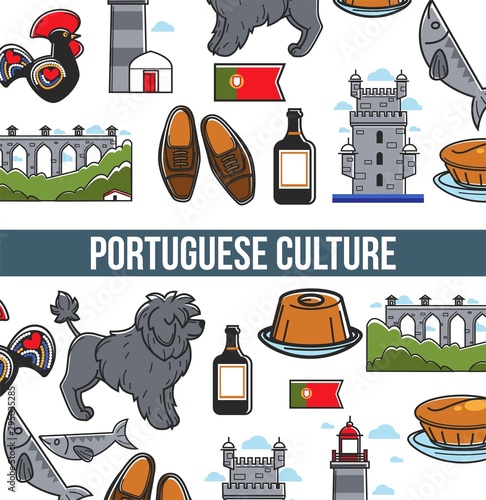 Portuguese culture seamless pattern poster with famous landmarks and country symbols photo