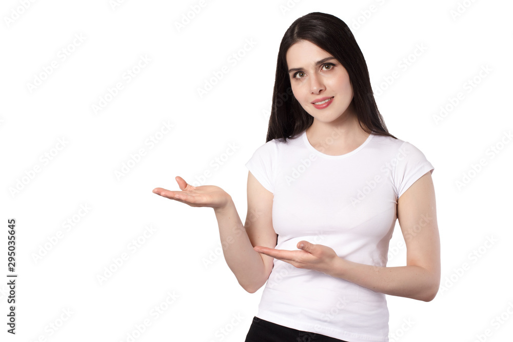 Attractive emotional young woman with a white t-shirt isolated