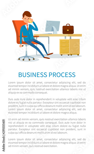 Business process, businessman solving problems on phone vector. Director in chair in office room, boss talking on mobile. Chief executive working