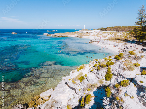 Rottnest Island, Perth, Western Australia. Beautiful clear blue waters with unique landscape, shot aerially with a drone. The island is perfect for swimming, snorkelling and exploring.  photo