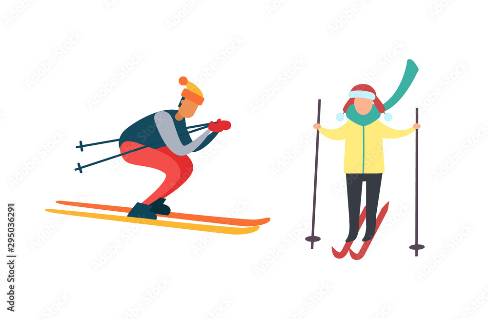 Skiing winter activities sport and hobby vector. People leading active lifestyle wintertime. Males with equipment to ski carefully and professionally