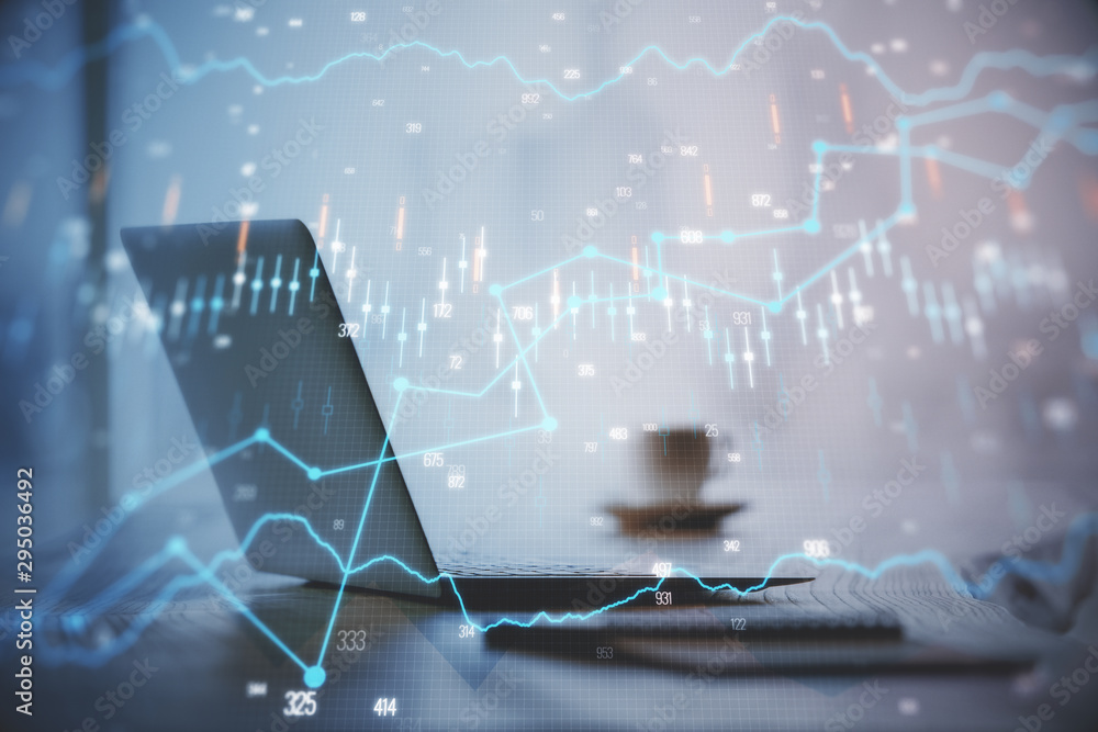 Multi exposure of chart and financial info and work space with computer background. Concept of international online trading. Multi exposure of chart and financial info and work space with computer background. Concept of international online trading.