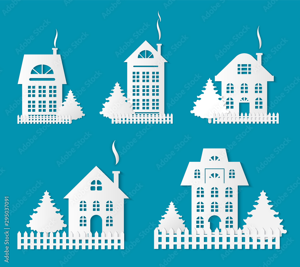Buildings silhouettes, papercuts isolated icons set vector. Houses with old roof and chimney with smoke, wooden fence by homes. Pine tree growing
