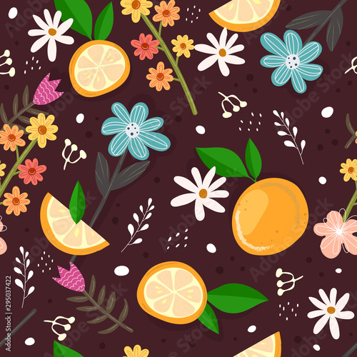 Seamless pattern with cartoon oranges, leaves, flowers, twigs, decor elements on a neutral background. vector. hand drawing. design for fabric, wrapper, textile, print