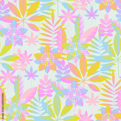 Pastel neon tropical flora seamless pattern for fabric