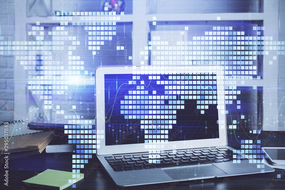 Multi exposure of business theme icons and table with computer background. Concept of success. Multi exposure of business theme icons and table with computer background. Concept of success.
