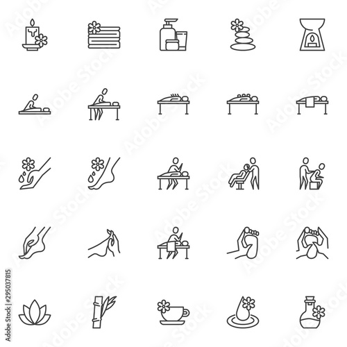 Massage therapy line icons set. Spa salon linear style symbols collection, outline signs pack. vector graphics. Set includes icons as aroma oil bottle, zen stones, lotus flower, aromatherapy, candle