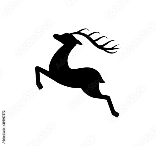 Fototapeta Naklejka Na Ścianę i Meble -  Reindeer silhouette black monochrome icon isolated on white. Deer animal running or jumping, mammal with branched horns, symbol of New Year and Christmas