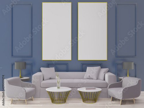 3d rendering big living room.interior design  art deco style  blue wall for mock up and copy space