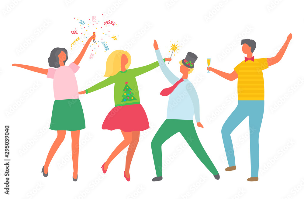 Corporate fest, people celebrating New Year and Christmas holiday. Vector cartoon style man and woman having fun, Champagne and flapper, isolated vector