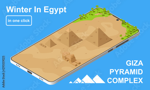 Winter vacation in Egypt concept. Giza pyramid complex includes the Pyramid of Khufu, Khafre, Menkaure and the Great Sphinx. Isometric vector illustration.