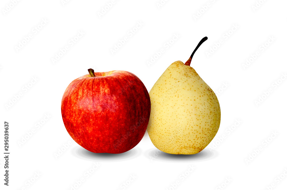 Fresh ripe pear and Apple yellow and red color, two,fruit isolated on white background Fresh ripe pear and Apple yellow and red color, two,fruit isolated on white background