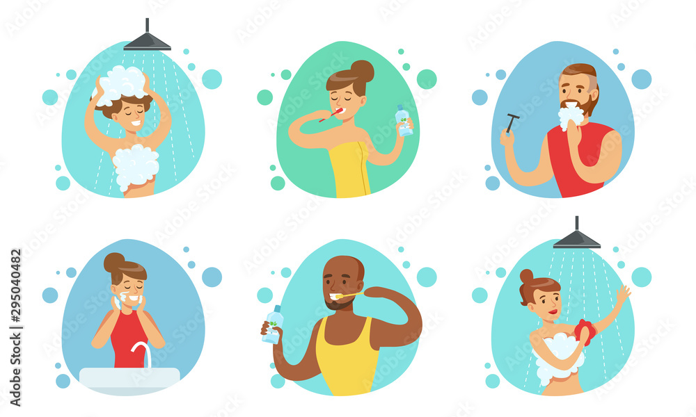 People Doing Bathroom Procedures Set, Male and Female Characters Morning Daily Routine Vector Illustration People Doing Bathroom Procedures Set, Male and Female Characters Morning Daily Routine Vector Illustration