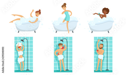 Young Men and Women Taking Shower and Bath in Bathtub in Bathroom Set Vector Illustration