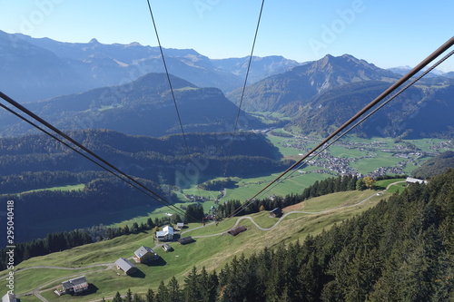 Blick aus einer Seilbahn auf Bezau in Vorarlberg photo