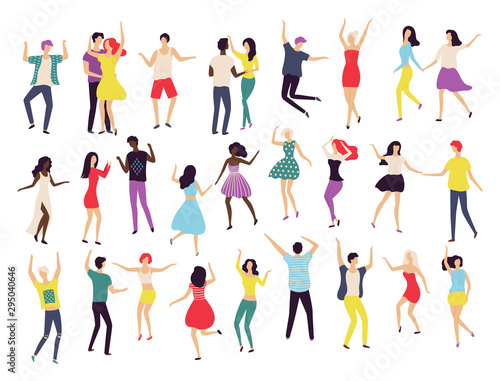 Dancing people, waltz classic and modern dance vector. Contemporary style, teenage jumping in air, solo performance. Pair man woman wearing costumes