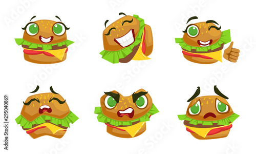 Cute Kawaii Hamburger Character with Different Emotions Set, Funny Burger Emoticons Cartoon Vector Illustration