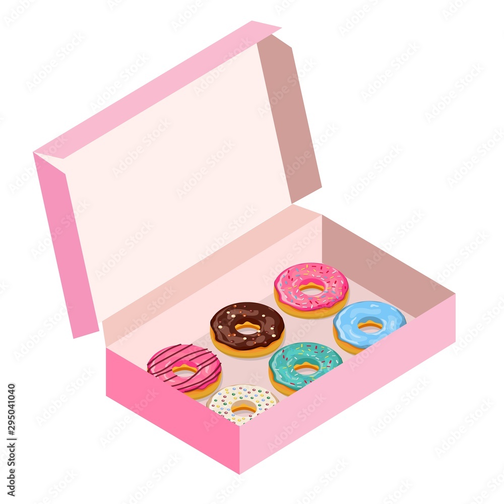 Set of colorful glazed donuts, with pastry powder, in a box. Icons. Isometric. Vector illustration in flat style.