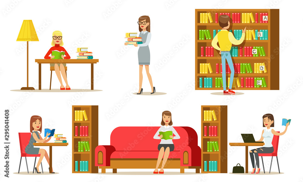 People in Library Set, Visitors and Students Reading Books and Studying Vector Illustration